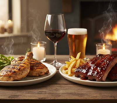 Vlees gerechten - gegrilde kip en spareribs